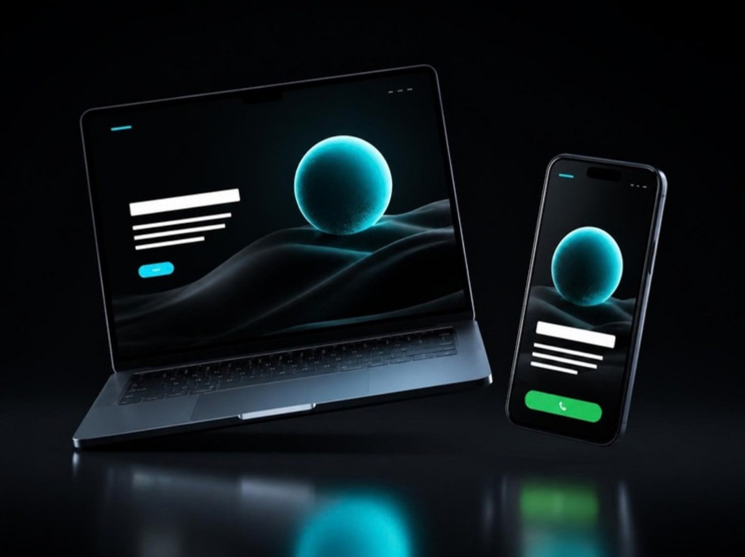 Notebook e celular exibindo o mesmo site escuro com uma esfera ciano e botão de contato